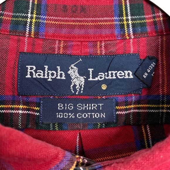 Vtg 90s Polo Ralph Lauren Big Shirt Mens L Red Button Down Plaid Pony Preppy LS - Picture 3 of 15